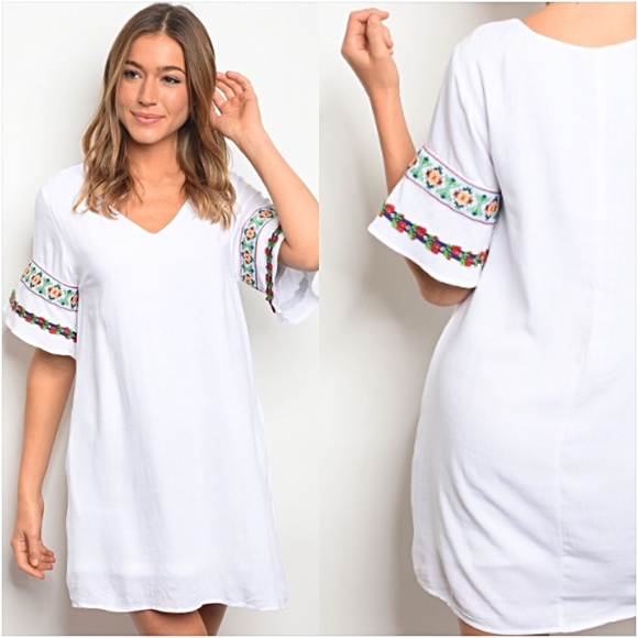 Boho White Embroidered Tunic Dress S - Picture 3 of 6